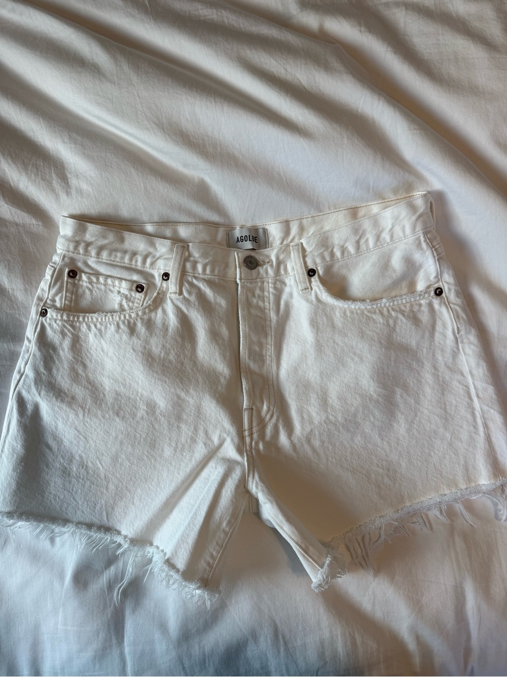 Agolde White Frayed Hem High-Rise Denim Shorts